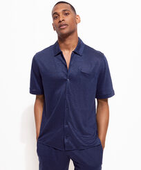 Hombre Autros Liso - Unisex Linen Jersey Bowling Shirt Solid, Azul marino vista frontal de hombre desgastada