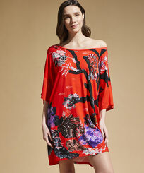 Tunique en viscose femme Spring Flower - Vilebrequin x Patrizia Gucci Coquelicot vue portée de face