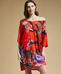 Women Maxi Viscose Dress Spring Flower - Vilebrequin x Patrizia Gucci Poppy red front worn view