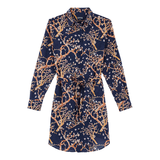 Vestido camisero en gasa de algodón con estampado Sweet Blossom para mujer Azul marino vista frontal