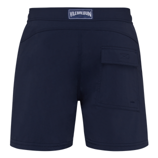 Men Flat Belt Stretch Swim Trunks Solid Navy back view