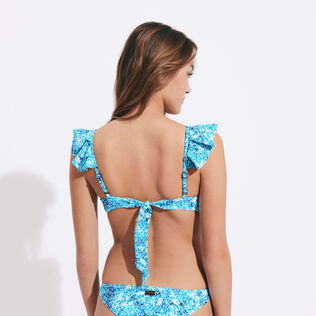 Women Halter Bikini Top Flowers Tie & Dye Marineblau Rückansicht getragen