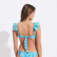 Women Halter Bikini Top Flowers Tie & Dye Marineblau Rückansicht getragen