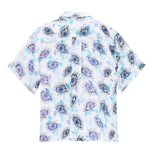 Women Linen Short Sleeves Shirt Flash Flowers Purple blue back view