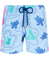 Men Swim Trunks Embroidered Sea Floor Map Sky blue front view
