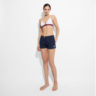 Women Stretch Flat Belt Swim Shorts - Vilebrequin x Ines de la Fressange Navy front worn view