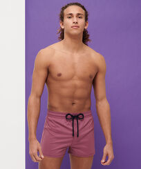 Men Swim Trunks Short and Fitted Stretch Solid Murasaki front worn view