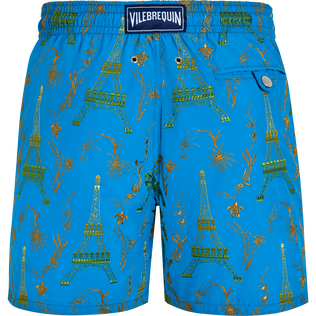 Men Swim Trunks Embroidered Poulpe Eiffel - Limited Edition Hawaii blue back view