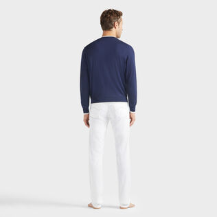 Men Merino Wool Cashmere Silk Crewneck Sweater Navy back worn view