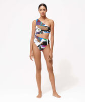 Bañador asimétrico de una sola pieza con estampado Séduction para mujer - Vilebrequin x Deux Femmes Noires Multicolores vista frontal desgastada