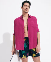 Men Linen Shirt Solid Crimson purple front worn view