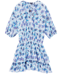 Donna Altri Stampato - Vestito corto donna in cotone con volant Flash Flowers, Purple blue vista frontale