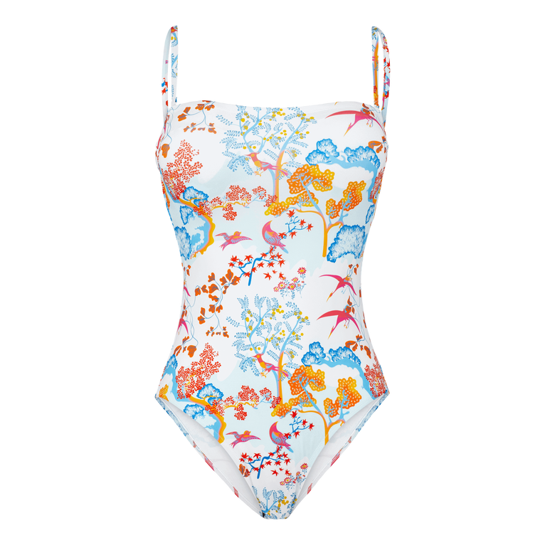 Women Bustier One-piece Swimsuit Peaceful Trees - Facette - White - Size L - Vilebrequin