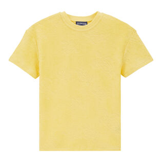 Rondes des Tortues T-Shirt mit Rundhalsausschnitt aus Frottee für Kinder Popcorn Vorderseite getragene Ansicht