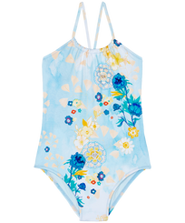 Girls Fitted Printed - Girls One-piece Swimsuit Belle Des Champs, Soft blue front view