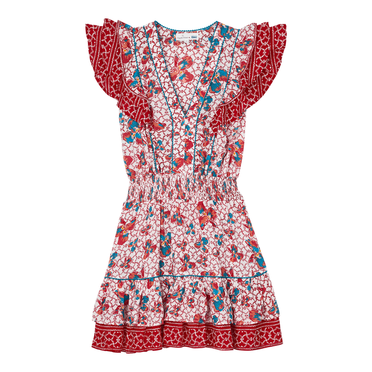 Women Mini Dress Iris Lace- Vilebrequin X Poupette St Barth - Dress - Camila - Red - Size L - Vilebrequin