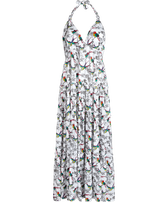 Vestito donna lungo in viscosa con schiena scoperta Rainbow Birds Bianco vista frontale