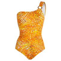 Women One-Shoulder One-piece Swimsuit Palm Leaves Mango front view