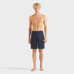 Men Linen Bermuda Shorts Cargo Pockets Navy front worn view