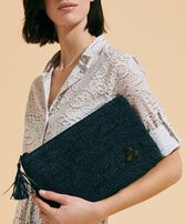 Raffia Unisex Beach Pouch Navy front worn view