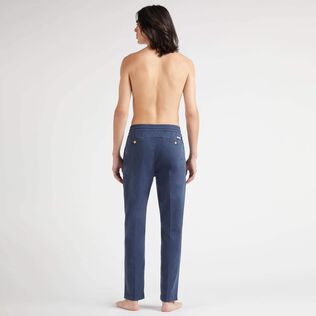 Men Cotton and Tencel Elastic Waist Pants Solid Navy back worn view