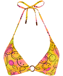 Top de bikini anudado al cuello con estampado Monsieur André para mujer - Vilebrequin x Smiley® Limon vista frontal
