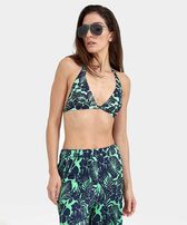 Top de bikini anudado al cuello con estampado Flowers Paradise para mujer Green paradise vista frontal desgastada