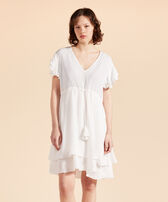 Women Viscose Fluid Dress Solid Off white front worn view