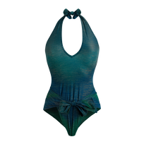 Women Low cut to tie One-piece Swimsuit Rainbow Disco green 正面图