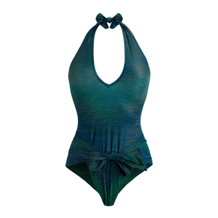 Women Low cut to tie One-piece Swimsuit Rainbow Disco green 正面图