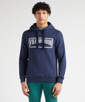 Sudadera con capucha de algodón de color liso para hombre Azul marino vista frontal desgastada