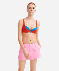 Women linen bermuda shorts solid - Vilebrequin x JCC+ - Limited Edition Pink polka jcc front worn view