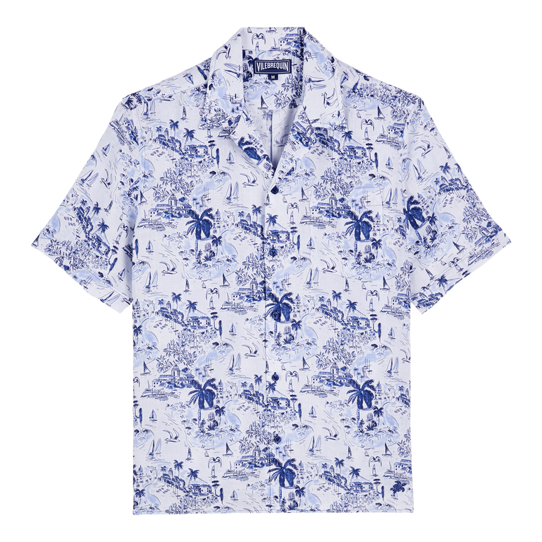 Men Linen Bowling Shirt Riviera - Shirt - Charli - Blue - Size XXL - Vilebrequin
