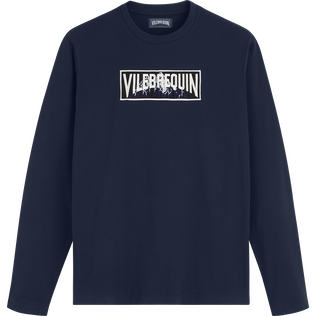 T-shirt à manches longues en coton homme patch Vilebrequin montagne brodé Bleu marine vue de face