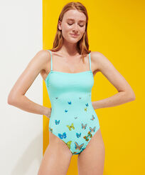 Damen Einteiler Bedruckt - Butterflies Bustier-Badeanzug für Damen, Lagune Vorderseite getragene Ansicht