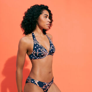 Top de bikini con aros y estampado Sweet Blossom para mujer Azul marino vista frontal desgastada