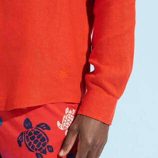 Men Linen Shirt Solid Poppy red 细节视图3