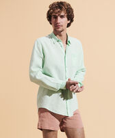 Men Linen Mineral Dye Shirt Solid Water green front worn view