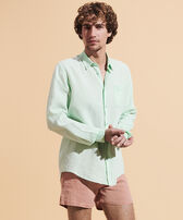 Men Linen Shirt Solid Water green front worn view