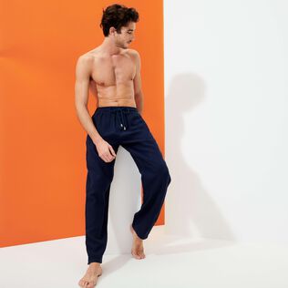 Pantalón de lino liso para hombre Azul marino detalles vista 2