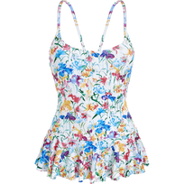 Women Skirt One-piece Swimsuit Happy Flowers White front view