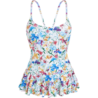Women Skirt One-piece Swimsuit Happy Flowers White front view