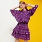 Women Short Ruffles and Long Sleeves Cotton Dress Hypno Shell Navy front worn view