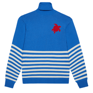Men Striped Cotton and Cashmere Turtleneck Pullover Jacquard Tortue Sea blue front view