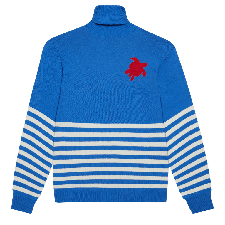 Men Striped Cotton And Cashmere Turtleneck Pullover Jacquard Tortue - Flegere - Blue - Size XXXL - Vilebrequin
