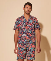 Men Linen Bowling Shirt Holistarfish Navy front worn view