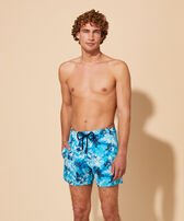 Men Stretch Short Swim Shorts Starlettes and Turtles Tie Dye Azure front worn view