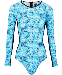 Langärmeliger Flowers Tie & Dye Rashguard für Damen Marineblau Vorderansicht
