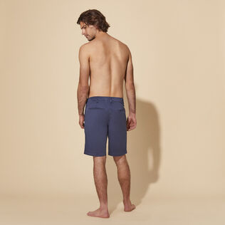 Men Tencel Cotton Bermuda Shorts Solid Navy back worn view
