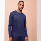 Unisex Linen Long Sleeves T-shirt Solid Navy front worn view